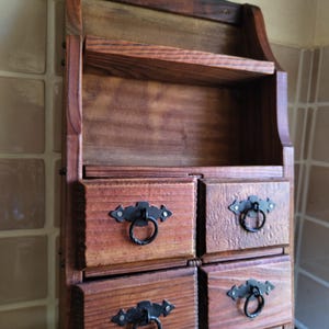 Vintage Wooden Wall Shelf, 4 Drawers, Rustic Spice Rack, Farmhouse Apothecary Chest Hanging Kitchen Organizer Country Style Medicine Cabinet
