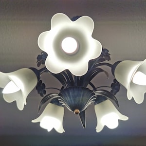 Vintage 5-Arm Floral Chandelier – Frosted Glass Tulip Shades, Blue-Gold Metal, French Retro Lighting
