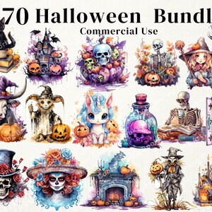 70  Watercolor Halloween Cute Ghost ,Vampire ,Bat ,Skull ,Spooky,All-Wiitchez, Clipart Bundle , Digital Download PNG , Commercial Use.
