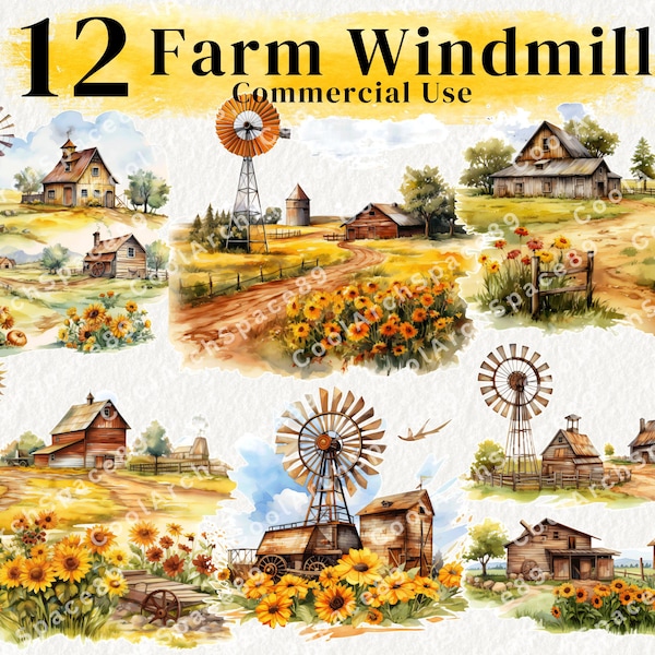 12 Farm Windmill Clipart  Farmhouse , Windmill PNG  Bundle ,Watercolor Barn Summer Clipart ,Wind Turbine ,Commercial Use.