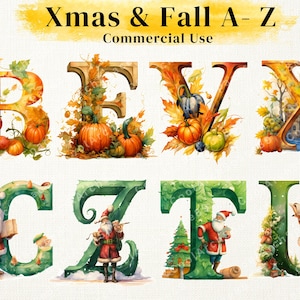 Kerstmanalfabet aquarel A-Z en herfstalfabet A-Z, brieven, Kerstmis, Nieuwjaar, vakantie plakboek, winterrommel, digitale downloads.