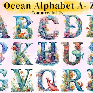 Alphabet Korallenriff, Ozean, Unterwasserwelt Aquarell png, 26 Blumen Buchstaben, Babyzimmer Clipart, Digitaldruck, Digitale Downloads.