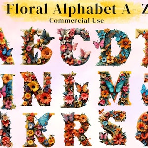 Paquete de 26 letras del alfabeto floral en 3D, imágenes prediseñadas PNG, letras florales PNG, alfabeto de acuarela PNG, alfabeto floral, digital