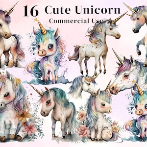 水彩のかわいいユニコーン 4 PNG、昇華バンドル、ユニクロン クリップアート、T シャツ デザイン、マグカップ、デジタル ダウンロード。