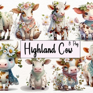 16 Cute Highland Cow Bundle  PNG, Watercolor Clipart, Cute Baby Shower Graphics, Nursery Decor Wall Art, Clipart, Farm Animal PNG.