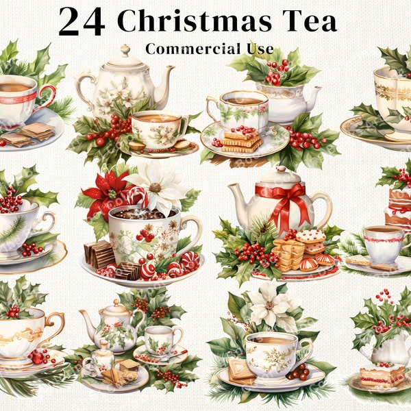 24 Christmas Tea Clipart, winter holiday tea cups, garden tea clip art PNG graphics instant download for commercial use.