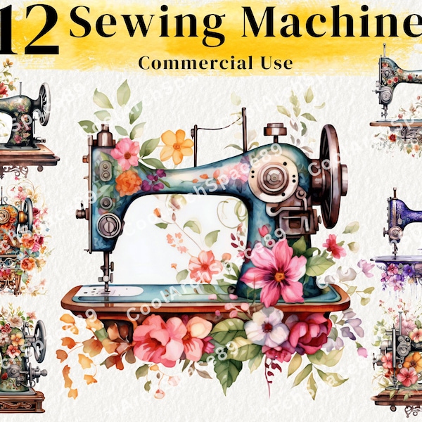 12 Watercolor Floral Sewing Machine PNG, Floral Sewing Machine Clipart, Quilting Clipart, Sewing Clipart, Vintage Png, Digital Png