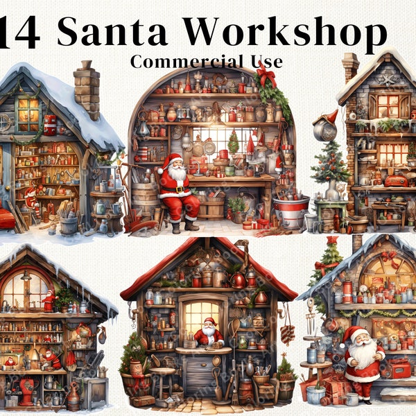 14 Santa's Workshop  Clipart  Bundle PNG, Watercolor Winter Christmas Clip Art Sublimation, Digital Downloads,  Commercial Use.