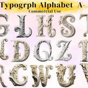 Escultura tipográfica Letra 3D Alfabeto inglés antiguo Clipart A-Z, Efímera vintage, Elementos de diseño PNG góticos, Descargas digitales.