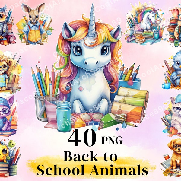 40 PNG  Back to School Animals Clipart, Adorable School Animals PNG Bundle for Commercial Use, Education Clipart,  Digital Download.