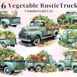 16 akwarelowych clipartów Vagatable Truck, rolnik, warzywa, kosze, ciężarówki, wózki, stragany do użytku komercyjnego, do natychmiastowego pobrania.