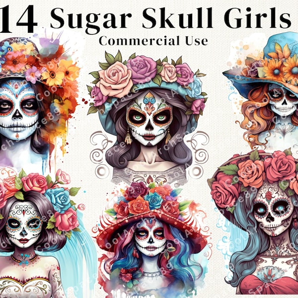 Lot de 22 filles crâne en sucre, clipart PNG, images d'art numérique, jour des morts, téléchargement numérique, crâne de Lady Sugar, usage commercial.