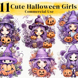 11 Cute Girl Halloween Clipart, Printable Halloween, Ghost, Pumpkin, Witch, Bat, Spider, Cute Halloween Clipart, Digital Papers