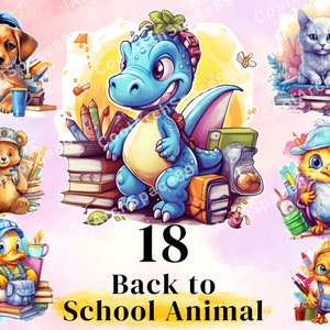 18 個の新学期動物クリップアート バンドル、商用利用に適した愛らしい学校の動物 PNG、教育用クリップアート、就学前用クリップアート。