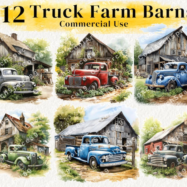 12 Truck Farm Barns Clipart PNG Sublimation Bundle , Watercolour Digital Download ,Commercial Use.
