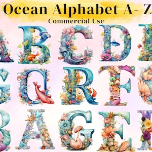 52 Alfabeto bajo el océano y flores, mundo submarino Acuarela png, letras florales, clipart de habitación de bebé, impresión digital, descargas digitales.
