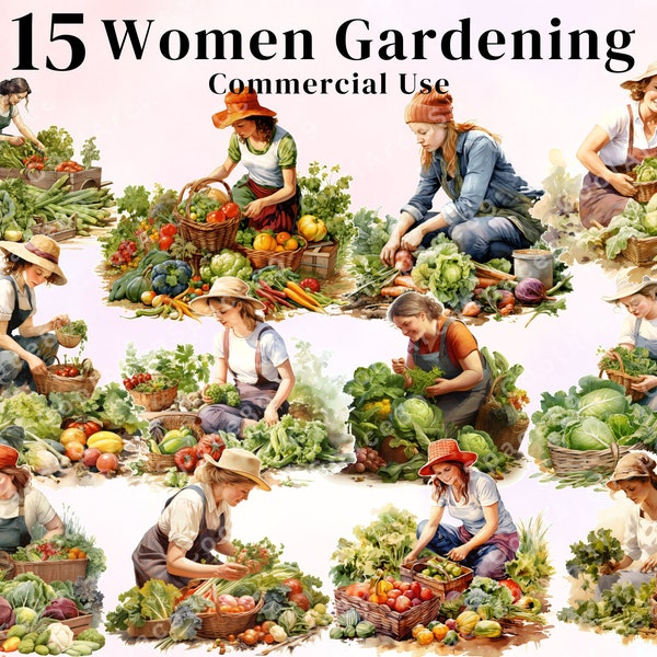 15   Watercolor Women Gardening Clipart, Transparent Background, Cardmaking Garden Inspired Clipart, Gardener Clipart, Digital Downloads.