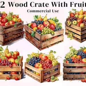 12 PNG Wood Crate With Fruits Shabby Chic clipart - digital watercolor fruit container, format instant download graphics for commercial use.