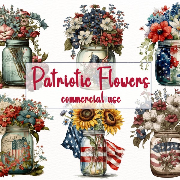 Vintage Patriotic Flowers in Jar 4 PNG, Watercolor Flowers, Sublimation Files, Clip Art, T-shirt, Decor Designs, Digital Downloads.