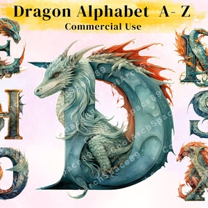 26 A - Z Dragon Themed Alphabet Clipart, watercolor, Digital print, stickers, scrapbook, junk journal, paper crafts, fantasy lettering
