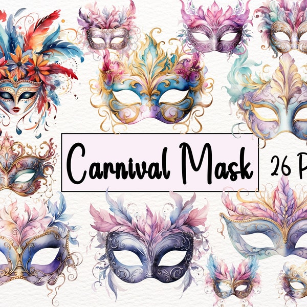 26 Carnival Mask Clipart  png  Watercolor PNGs, Perfect for Masquerade Designs & Commercial Use, Instant Download, Italy Venice Stickers.