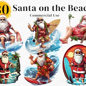 30 clipart de Papai Noel na praia. Arte digital e sublimação. Formato PNG. Fundos transparentes. Clipart de Natal. Clipart de Natal.