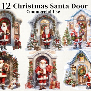 12 Watercolor Christmas Santa  Door Clipart PNG Card Making Xmas Scene Sublimation Printable,  Commercial Use.