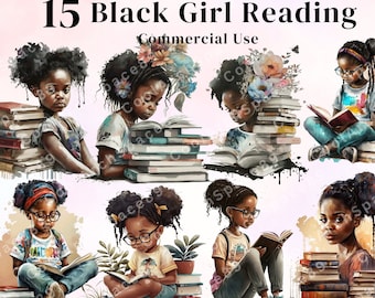 15  Watercolour Black Girl Reading Clipart, Girl Studying Clipart, Book Lover PNG, Student Clipart, Reading Png, Digital ,Commercial Use.