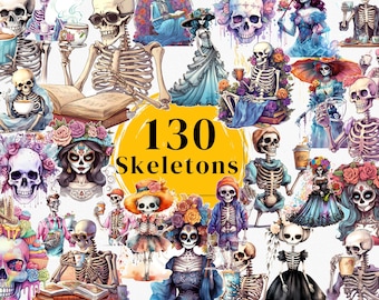 130 Watercolor Skeletons Clipart Bundle, Spooky Halloween Graphics (Digital Download)