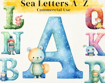 Watercolor Coral Reef Alphabet Clipart: Ocean Letters (Digital Download)