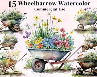 Clipart de brouette aquarelle : lot PNG de fleurs de jardin (téléchargement numérique)