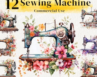 12 Watercolor Floral Sewing Machine Clipart: Vintage PNG (Digital PNG)