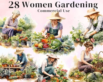 Paquete de 28 imágenes prediseñadas de mujeres jardineras en acuarela, fondo transparente, archivos para sublimación, imágenes prediseñadas de jardineras, uso comercial.