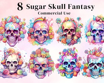 May include: Eight colorful sugar skull illustrations with candy, flowers, and cupcakes. The skulls are decorated with rainbow colors, glitter, and dripping frosting.  Commercial Use.