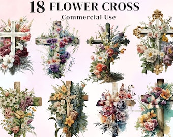 18 akvarellfärgade kors-clipartpaket med blommor (digitala nedladdningar)