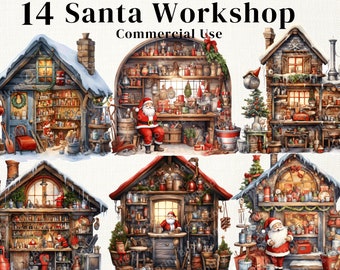 Santa's Workshop Clipart Bundle, Watercolor Christmas PNG (Digital Download)