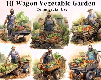 10 Watercolor  Wagon Vegetable Garden Clipart, Gardening Clipart, Commercial Use Clipart, Scrapbooking, Plants.
