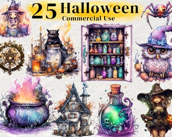 25 aquarelle Halloween PNG, sublimation fantasmagorique, lot de cliparts pour journal indésirable, agenda numérique, clipart Halloween.