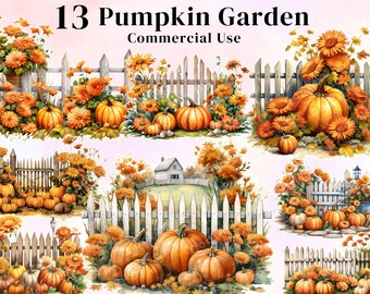13 Watercolor Pumpkin Garden Clipart Bundle, Fall Scences Clipart, Autumn Fall Farmhouse, Cozy Fall Clipart Set, Halloween,  Commercial Use.