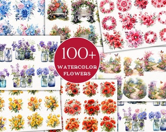 100 + Watercolor Flowers Png Clipart ,Garden Benches Clipart, Tulip Flowers, Poppy Flowers , Digital Downloads , commercial use.