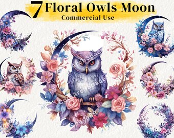 7 PNG Watercolor Floral Owls Clipart,mystical Owls, witchcraft png clipart, Celestial Owl png, Magical art Commercial Use.