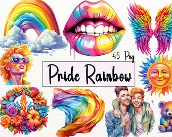 LGBTQ Pride Clipart Bundle: 45 Watercolor Rainbow PNG Files (Digital Download)