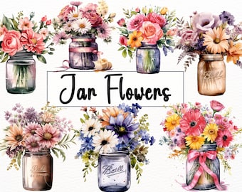 16 Mason Jar Flowers Clipart PNG Pink Watercolor Glass Vase Bouquet Sublimation Digital Downloads.