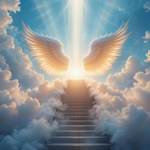 Op de afbeelding: Een etherische afbeelding van een trap die omhoog leidt naar een helder licht, geflankeerd door zachte witte wolken. Boven de trap zijn een paar grote, gloeiende witte vleugels uitgespreid, wat een hemels of spiritueel thema suggereert. De lucht is een levendig blauw.