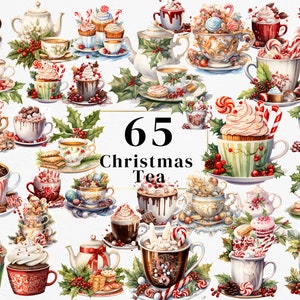 65 Christmas Tea Watercolor Clipart Bundle , Holiday Tea Time Images, Festive Xmas , Instant Digital Download, Commercial Use.