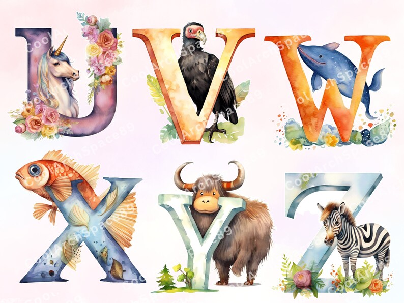 May include: Watercolor alphabet letters U through Z with illustrations of a unicorn, vulture, whale, fish, yak, and zebra. The letters are painted in various colors and have a whimsical style.