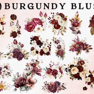 20 Burgundy Blush Watercolor Floral Clipart,Elegant Burgundy Flower Clipart,Wedding flora,HandPainted Watercolour, Digital Downloads.