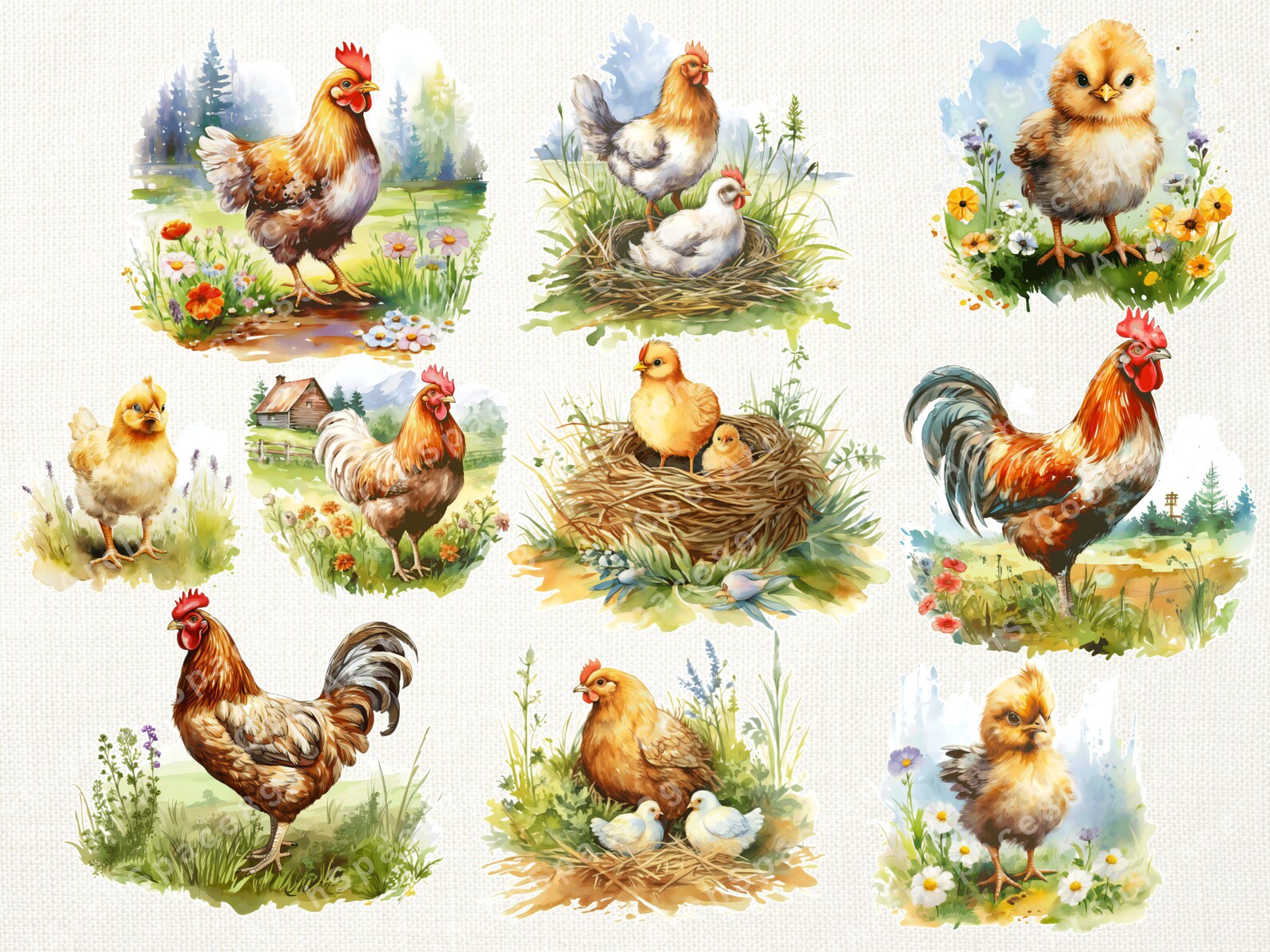 23 Watercolor Chicken Duck Clipart - Cute Chickens and Chicks, Farm ...