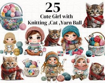 25 Linda Niña Tejiendo, Gato Bebé, Ovillo de Hilo de Ganchillo en Cesta, Clip Art Acuarela Tejiendo Linda Niña Descargas Digitales Sublimación.