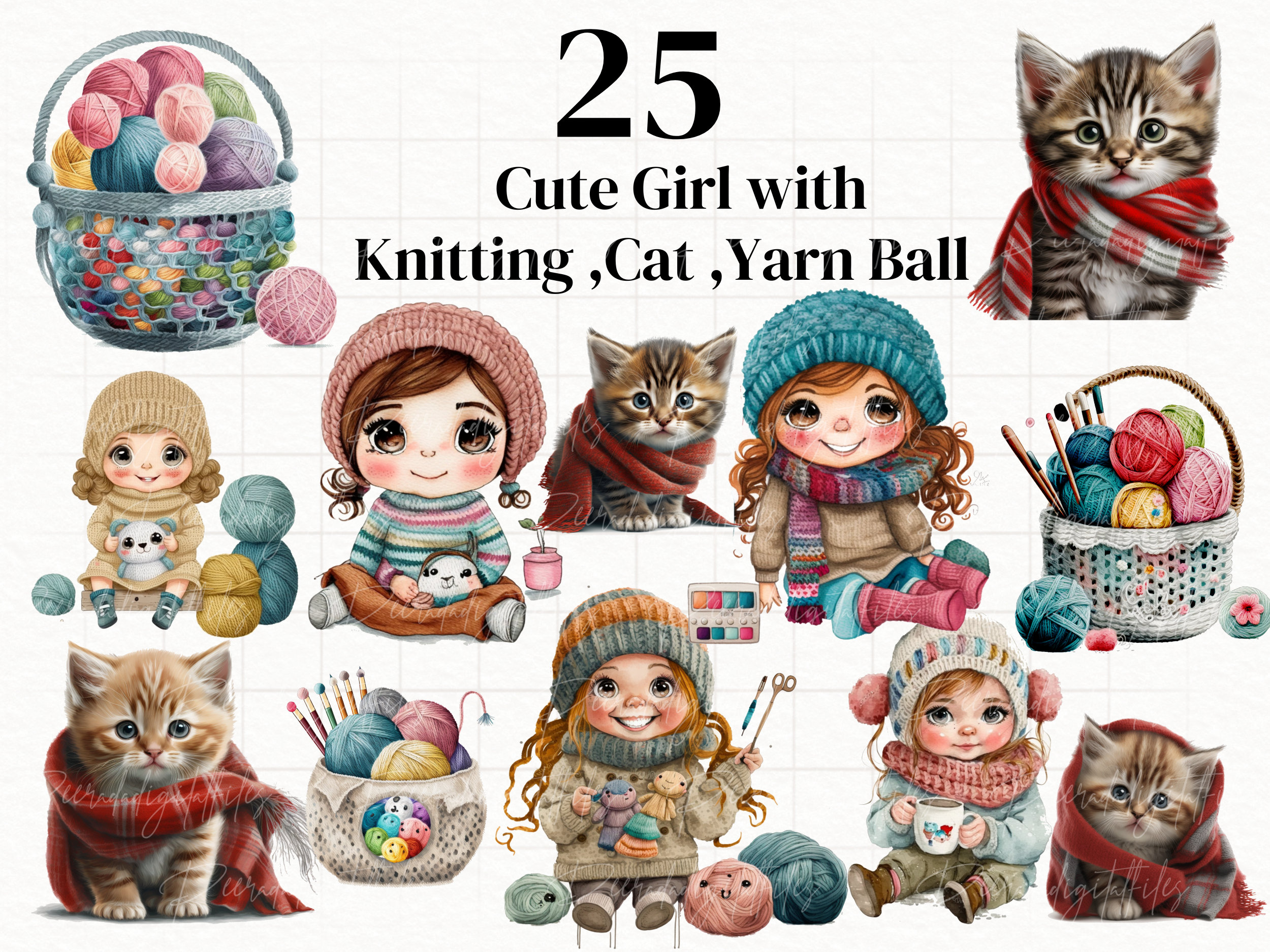 25 Cute Girl With Knitting , Baby Cat , Crochet Yarn Ball in Basket ...